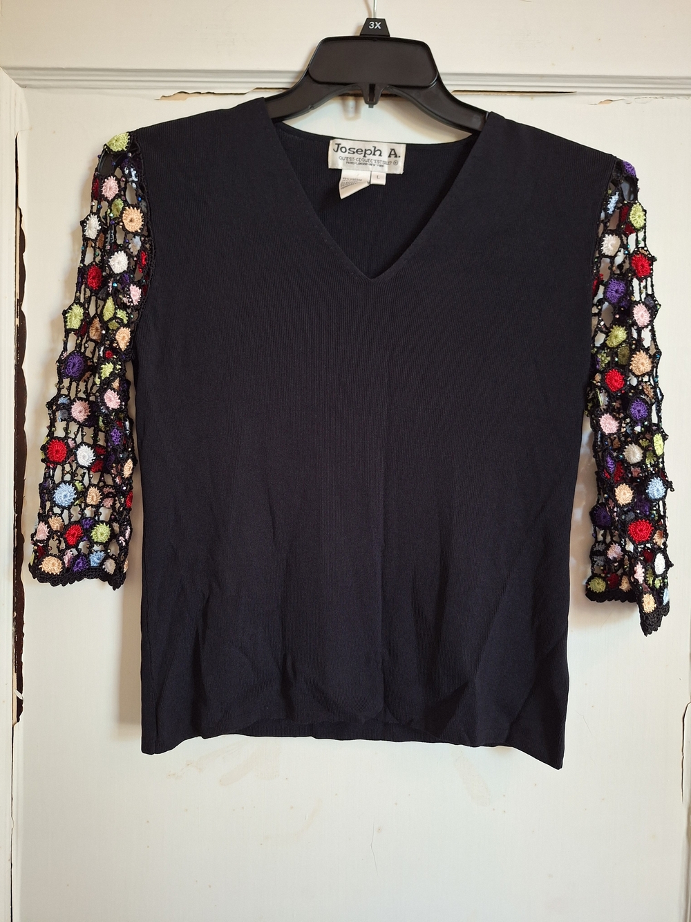 Vintage Joseph A Womens Black Shirt Crocheted Beaded Sleeves Sz L